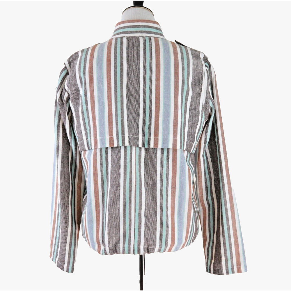 Mystree Size L Linen Blend Jacket Long Sleeve Striped Blue Gray Brown - Picture 5 of 13